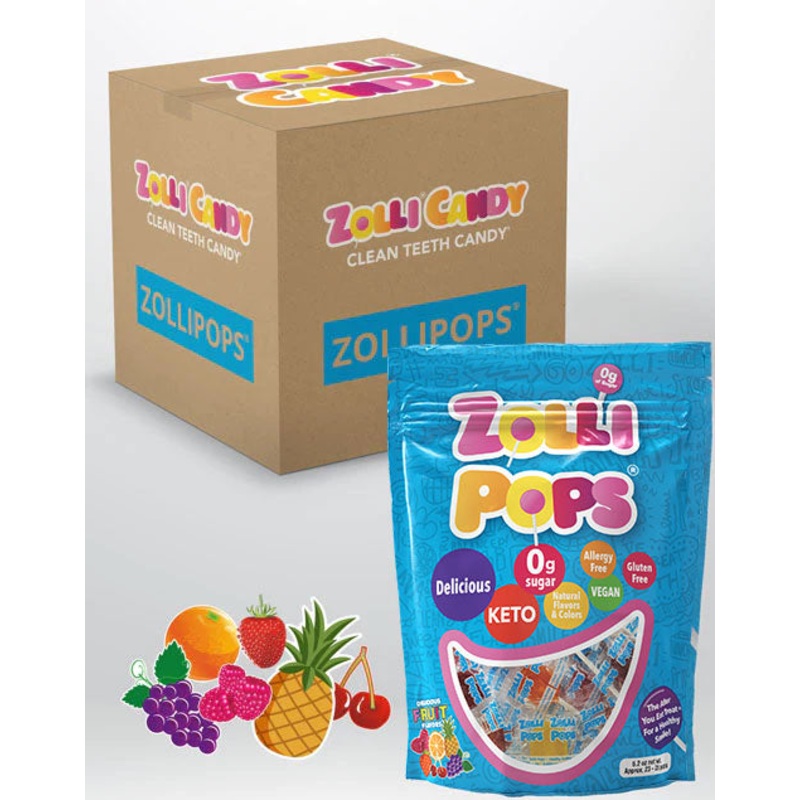 Case Zollipops Sugar Free Lollipops Assorted Fruit 5.2oz Pouches – 24/case