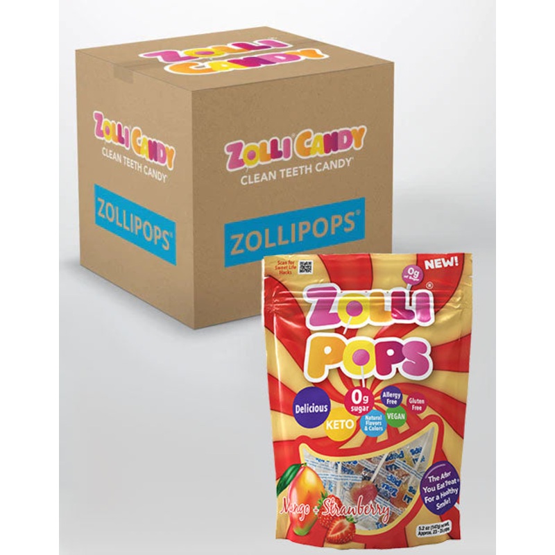 Case Zollipops Sugar Free Lollipops Mango Strawberry 5.2oz Pouches – 24/case