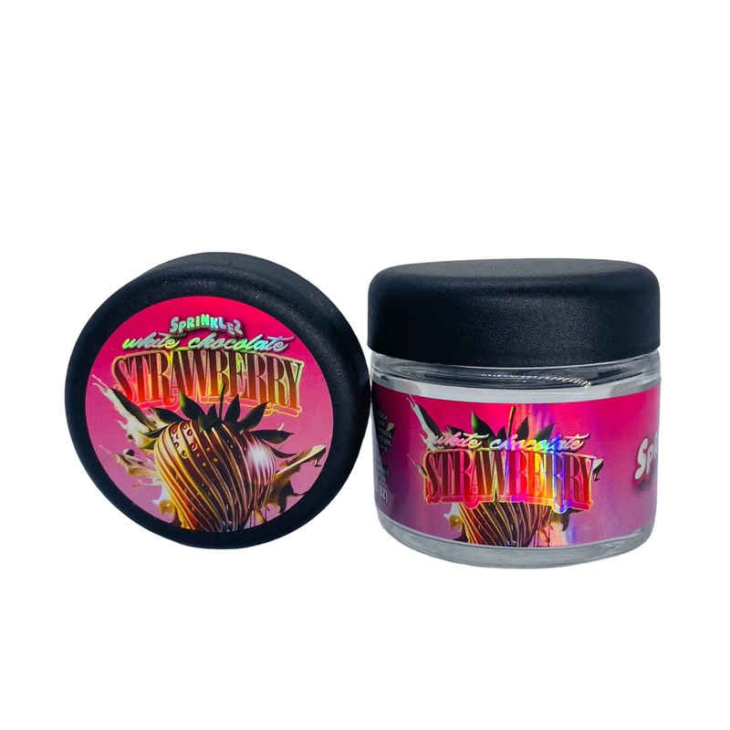 White Chocolate Strawberry Sprinkelz 3.5g Glass Jars with Holographic Sticker labels Child Resistant jar 5