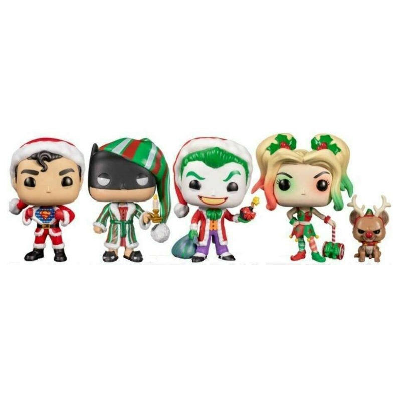 [DAMAGED] Pop Funko: DC Super Heroes – Superman in Holiday Sweater, Batman as Ebenezer Scrooge, The Joker as Santa, Harley Quinn with Helper 4-Pack (Walmart Exclusive)