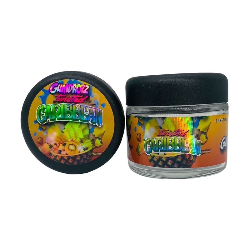 Twisted Caribbean 3.5g Glass Jars with Holographic Sticker labels Child Resistant jar 5