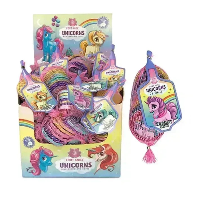 Rainbow Pony Unicorn Foiled Milk Chocolate Coins in Mesh Bags: 18-Piece Box