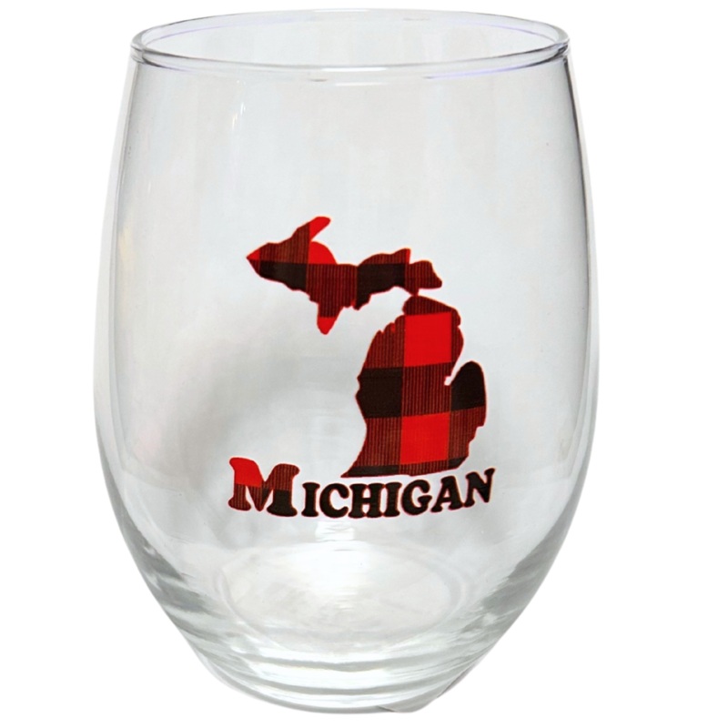 Plaid Michigan Stemless Wine Glass